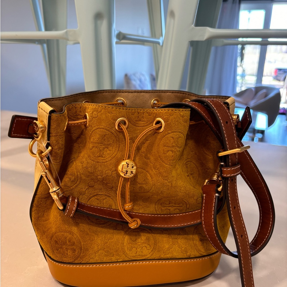 Tory Burch Brown and Tan Shoulder Bag with Drawstring Closure